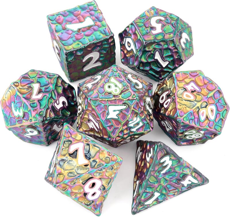 Haxtec مجموعة نرد معدنية متوافقة مع زنزانات وتنانين D&D هدية TTRPG نرد متعدد الأوجه قوس قزح - Image 1